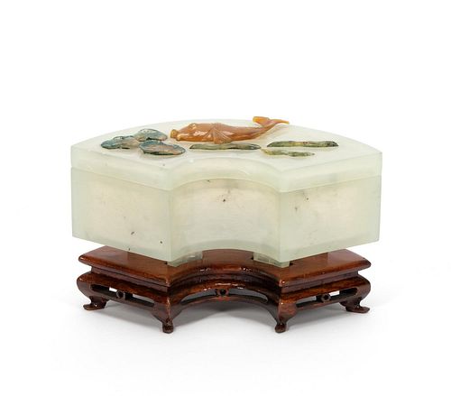 CURVED LIDDED WHITE ONYX & JADE BOX ON WOOD STAND