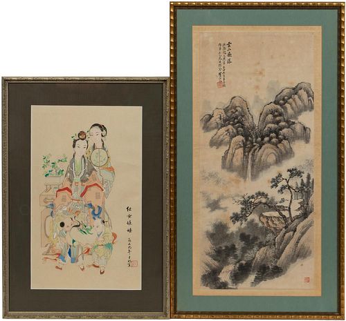 TWO CHINESE PAINTINGS ON SILK, FIGURAL & LANDSCAPE