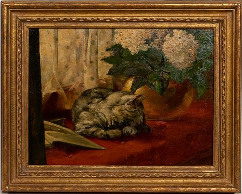 MARY GRAY, STILL LIFE OIL PAINTING WITH CAT