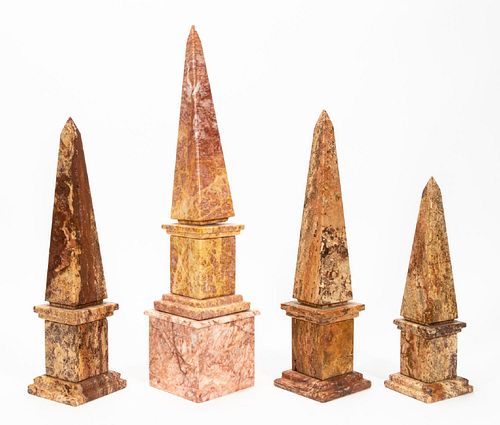 GROUP OF FOUR MARBLE AND STONE OBELISKS