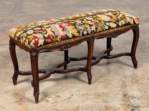 LOUIS XV CARVED BENCH, NEEDLEPOINT UPHOLSTERY