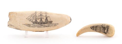 GROUP OF TWO SCRIMSHAW TEETH DEPICTING SHIPS