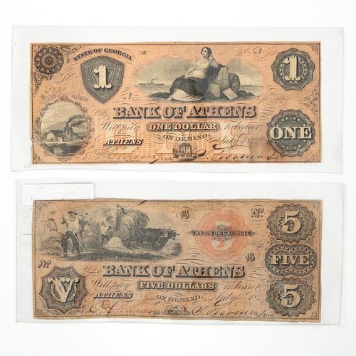 "BANK OF ATHENS" OBSOLETE NOTES, 1859 $1 & $5