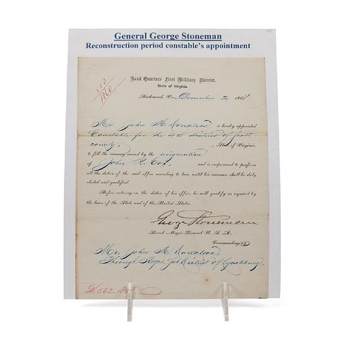 GEORGE STONEMAN, 1868 CONSTABLE APPOINTMENT LETTER