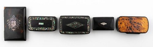 FIVE 19TH CENTURY LACQUER BOXES W/ INLAY & SILVER