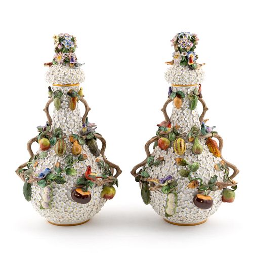 PAIR, EARLY MEISSEN SNOWBALL COVERED URNS