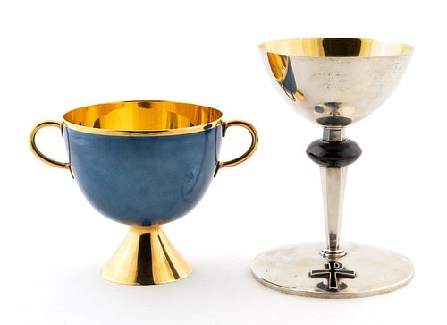 TWO STERLING & ENAMEL ECCLESIASTICAL CHALICES