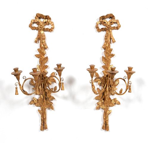 PAIR, CONTINENTAL GILTWOOD 3 LIGHT CANDLE SCONCES