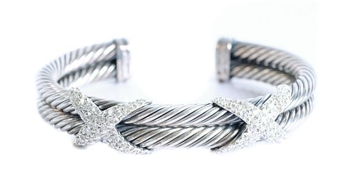 David Yurman 18K 925 Diamond Cable Cuff Bracelet