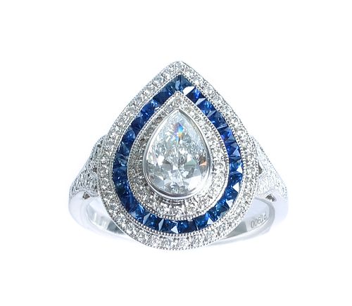 Platinum Teardrop Diamond & Sapphire Ring