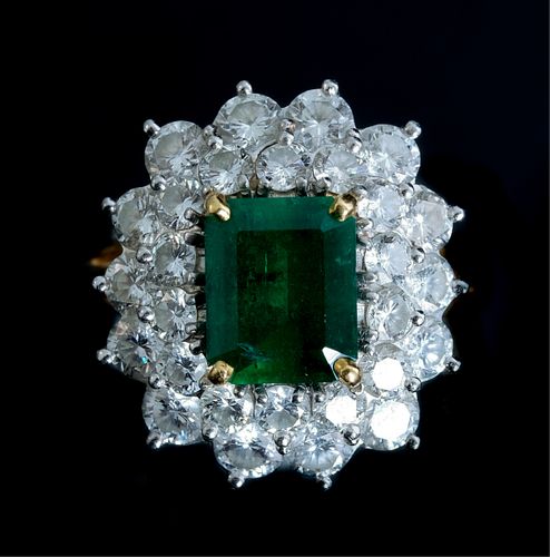 18K YG Emerald Ring w/Double Diamond Halo