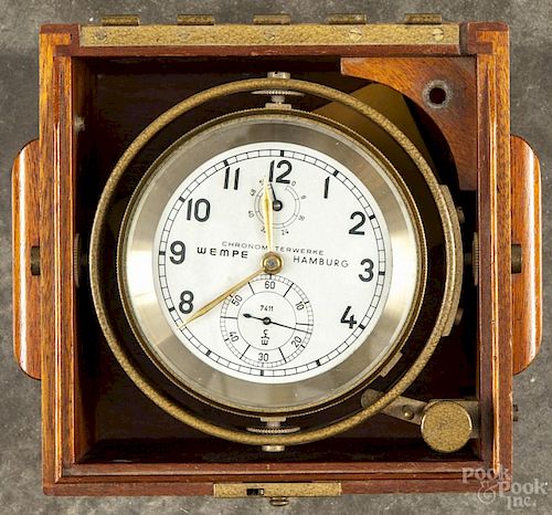 Wempe ship's gimbled brass chronometer, 4 3/4'' dia., together with an empty mahogany chronometer box