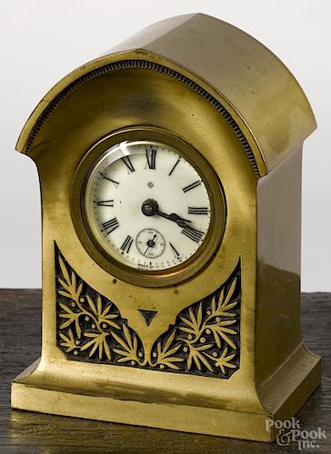 Ansonia brass case desk clock, 5 3/4'' h.