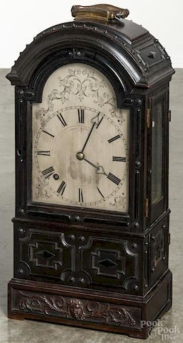 English walnut bracket clock with a fusee movement and a silvered dial, 18'' h.
