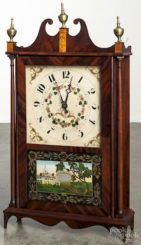 American mahogany pillar and scroll mantel clock, 28 3/4'' h.