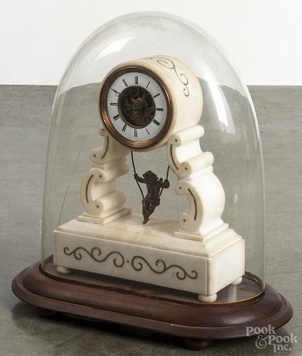 French E. Chappement alabaster clock under a glass dome, overall - 18 1/2'' h.