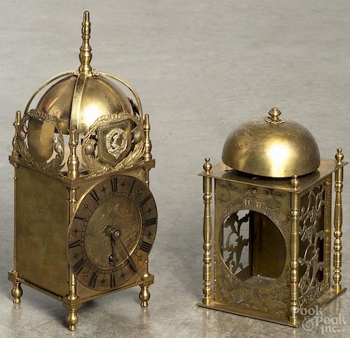 Empire, England reproduction brass lantern clock, 10 1/2'' h., together with a brass lantern clock