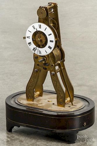 French miniature skeleton clock, 9'' h.