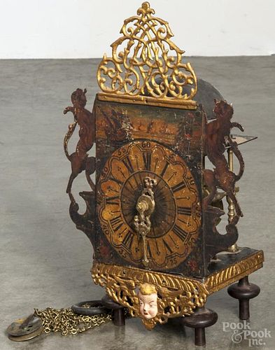 Dutch Frisian wall clock with a gilt and painted surround and ebonized hooded wall bracket