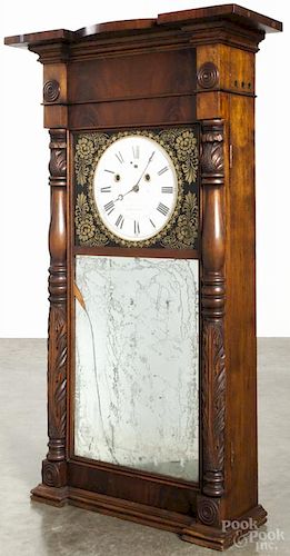Asa Munger & Co. mahogany carved column and mirror shelf clock, 39'' h.