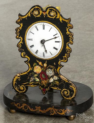 Papier-mâché shelf clock with mother-of-pearl inlay, 9 1/2'' h.