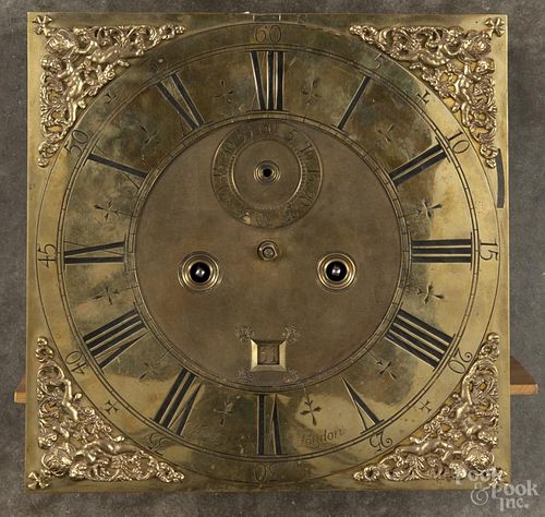 Brass tall case clock movement and dial, inscribed Wm. Ackers London, 12'' square.