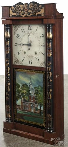 Eli Terry & Sons stenciled column and splat shelf clock, 35'' h.