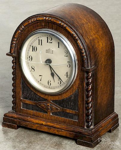 English oak battery operated shelf clock, inscribed Bulle, 9 1/2'' h.
