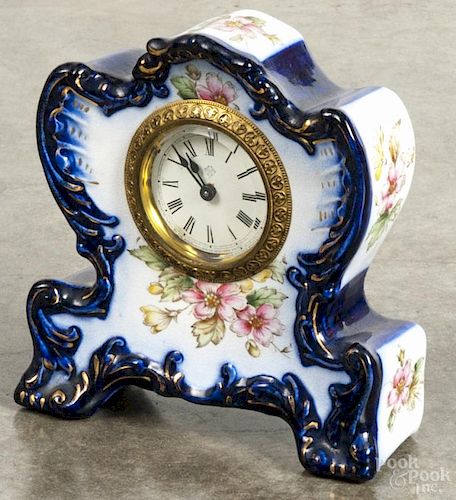 Ansonia Clock Co. porcelain shelf clock, the case inscribed Chickadee, 6'' h.