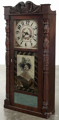 Jerome & Darrow mahogany carved column and splat mantel clock, 39 3/4'' h.