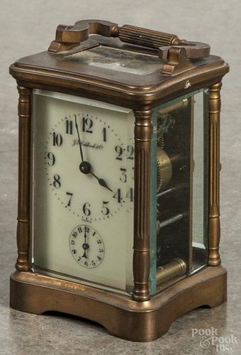 French brass carriage clock, retailed by J. E. Caldwell & Co., 4 1/2'' h.