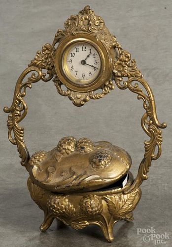 New Haven gilt metal art nouveau desk clock, 6 3/4'' h., together with another gilt metal clock