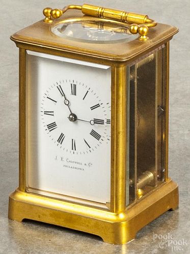 Gilt brass carriage clock, retailed by J. E. Caldwell & Co., 5 1/4'' h.