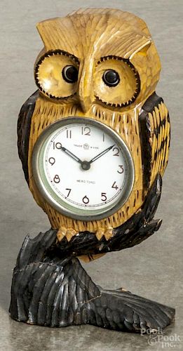 Meiko Tokei Japanese carved owl novelty clock, 8 1/2'' h.