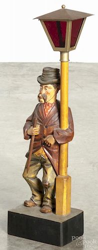 German carved pine clockwork whistler with a lamp post, 19 1/2'' h.