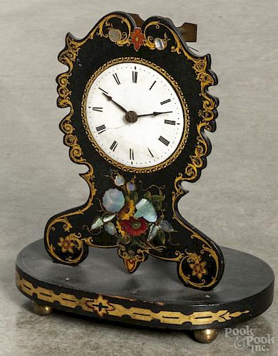 Coe & Co. papier-mâché clock with mother-of-pearl inlay, 9 1/2'' h.