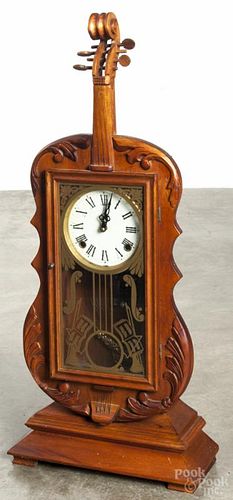 Contemporary mahogany violin shelf clock, 31'' h.