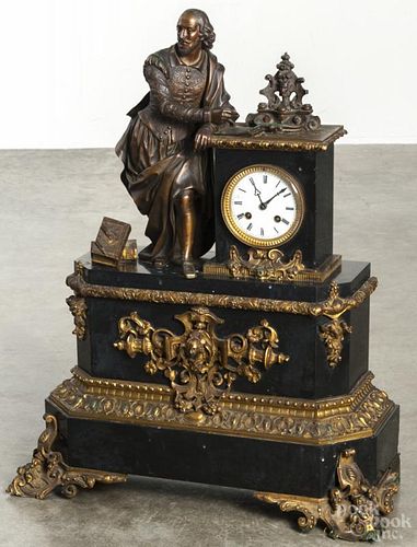 Samuel Marti French bronze and marble Shakespeare mantel clock, 24'' h.
