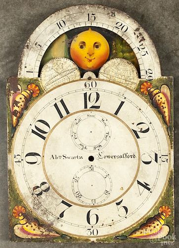 Pennsylvania painted tall case clock dial, inscribed Abm Swartz Lowersalford, 18 3/4'' h., 13'' w.