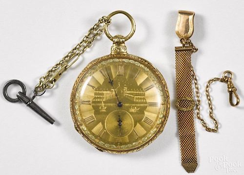 English gold-filled keywind pocket watch with an engraved dial, hallmarked O. R., with a bust
