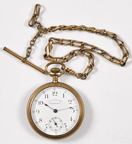 C. R. Smith & Sons Philadelphia gold-filled pocket watch with a gold-filled watch chain, 2'' dia.