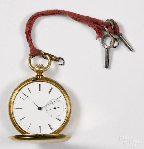 C. B. Co. 18k gold hunter case keywind pocket watch, 2'' dia.
