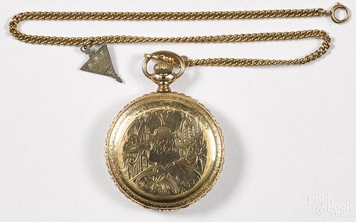 Elgin 14k gold-filled engraved hunter case pocket watch, 2'' dia.