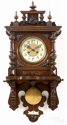 German carved walnut wall clock, 32 1/2'' h.