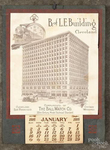 1916 calendar Compliments of The Ball Watch Company - B. of L. E. Building Cleveland
