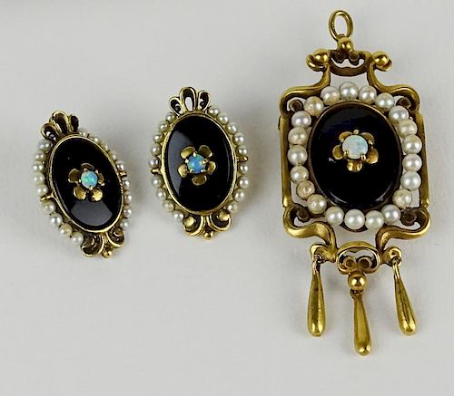 Antique 14 Karat Seed Pearl, Onyx and Opal Three (3) Piece Suite.