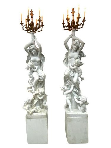 A Pair of Ormolu-Enriched Marble Nymph Candelabra