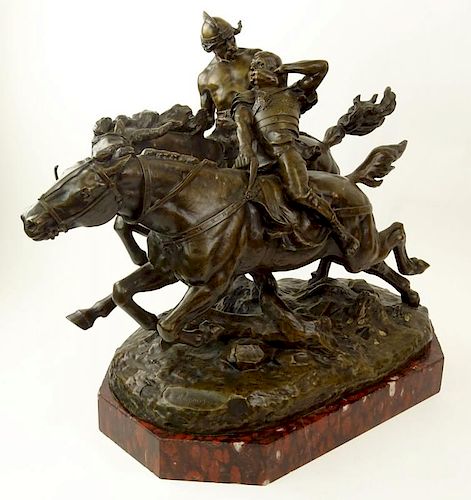 Ernest Dagonet, French (1856-1926) Large Bronze Sculpture Group with Marble Base "Medieval Soldiers Fighting on Horseback".
