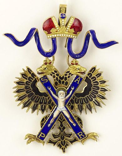 19/20th century Russian Imperial Order of Saint Andrew 14 karat yellow gold and enamel sash badge.