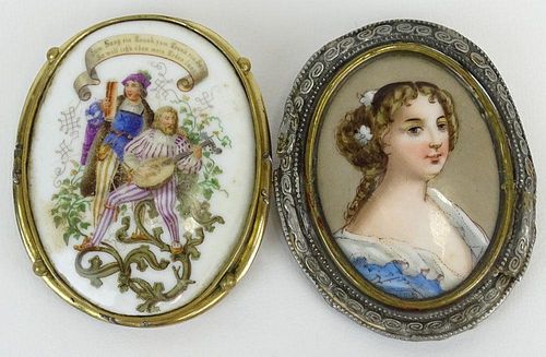 Lot of 2 antique porcelain brooches.
